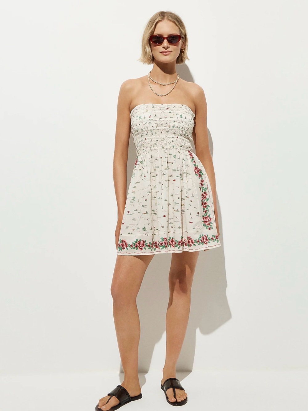 J.Crew Smocked Mini Dress Map Printing Ivory Red XS Stretchy Cotton Voile $128